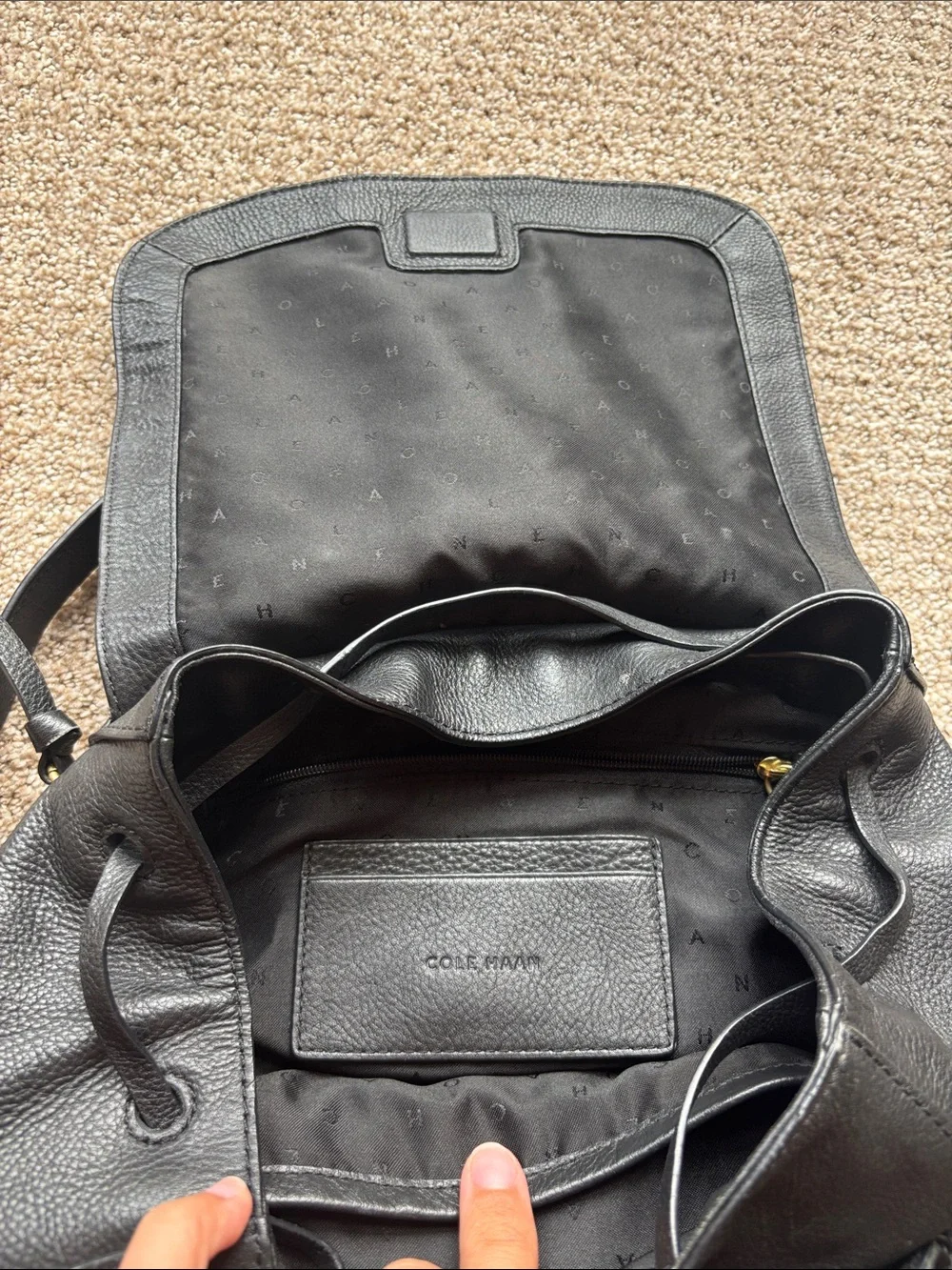 Cole Haan Black Leather Backpack with Gold Accents